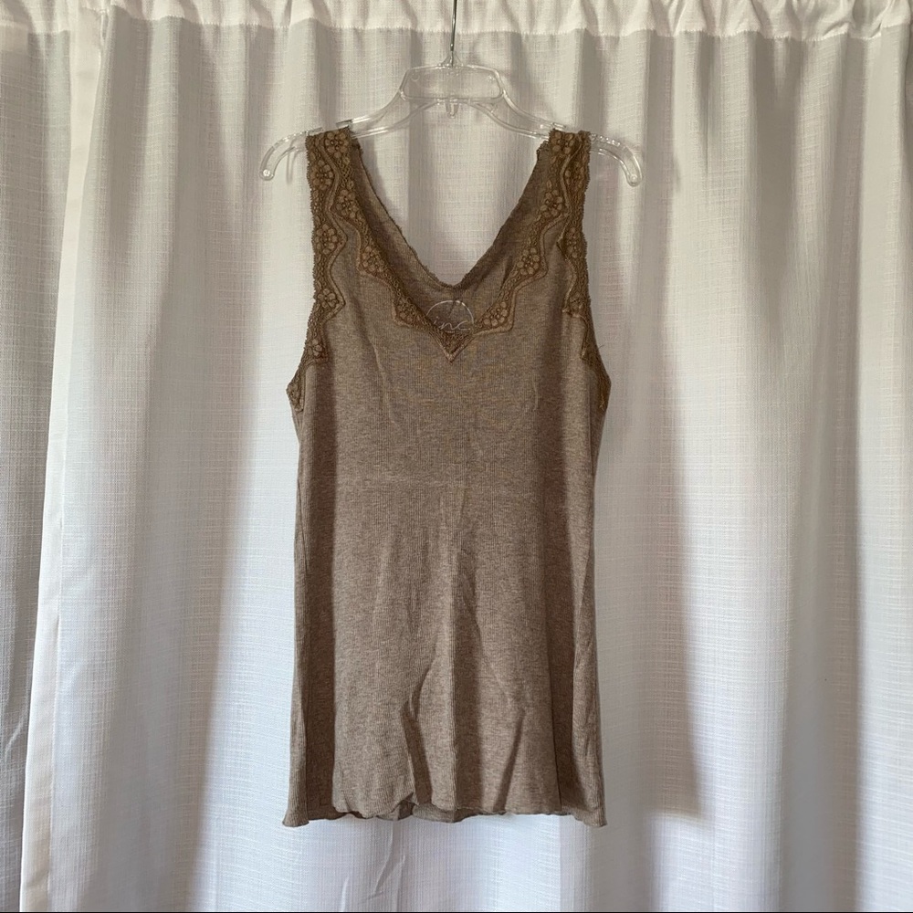 Ribbed Brown V Neck Tank Top with Lacey Detailing